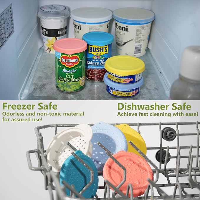 4 Packs Silicone Lids (3.0-inch & 3.5-inch) Bundle with 1 Pack Can Strainer | Can Strainer for Canned Food | Tuna Drainer | Reusable Can Lids | Dishwasher Safe | 5 PCs Canning Duo
