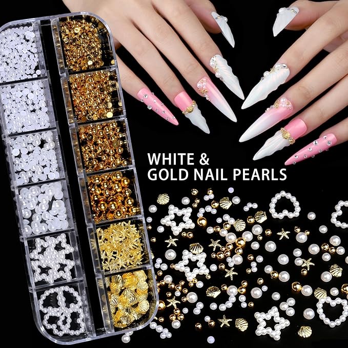 Teenitor 4 Boxes Nail Charms and Gems Set, Nail Rhinestones Nail Kit with Nail Art Brushes Nail Stand, Nail Gems Nail Design Tools with 15pcs Nail Stickers, Gold Nail Pearls for Women Nail Decorations