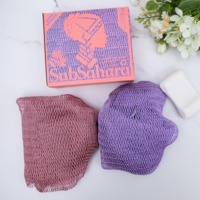 SubSahara Authentic African Net Sponge - 2 Pack Exfoliating Bath & Shower Loofah Sponge for Body & Face, Gentle Scrubber for All Skin Types, Travel, Durable (Blush Pink & Lavender Purple)