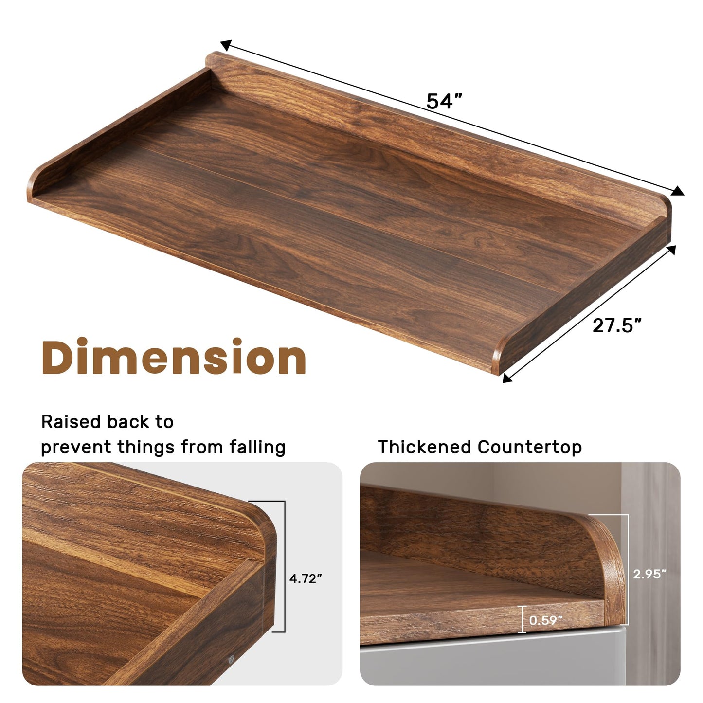 DTK Washer Dryer Countertop, Wood Topper with Edge Rails, Washer and Dryer Countertop with Anti-Slip Strips, 54" Width x 27.5" Depth Cover for Laundry Room Organization and Storage, Walnut
