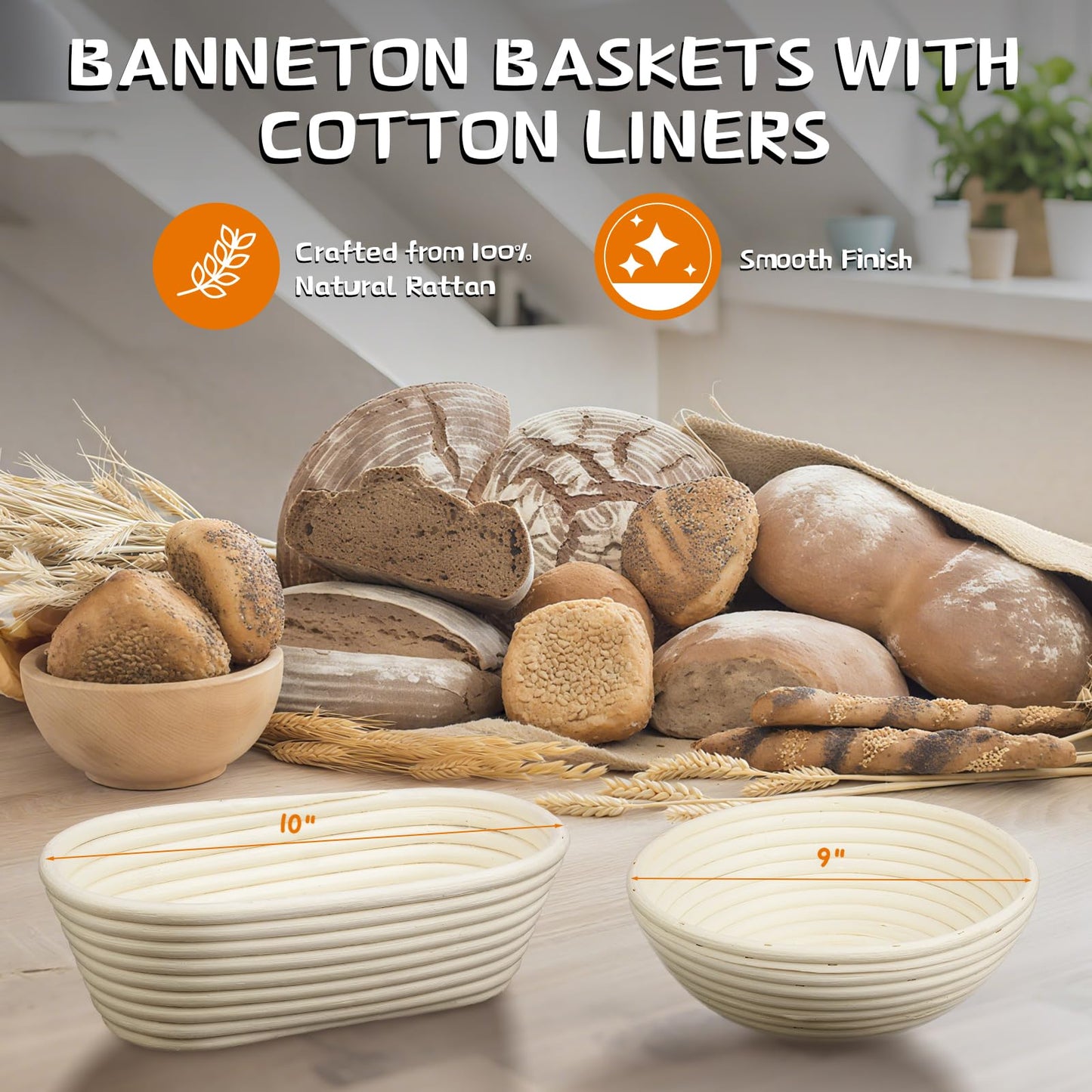 Dimpola Banneton Bread Proofing Basket Banneton Basket Set Sourdough Proofing Basket Round Proofing Bowls Handmade Rattan Baskets and Liners (Round of 2 Gift Set)