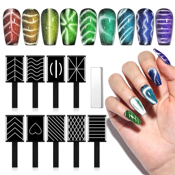 SAVILAND Cat Eye Magnet for Nails: 10PCS CatEye Gel Nail Polish Strong Nail Magnets Set 1000＋Styles Creation Magnetic Wand Quicker DIY Nail Art Tools for Enthusiasts Technicians Salon Home Studio