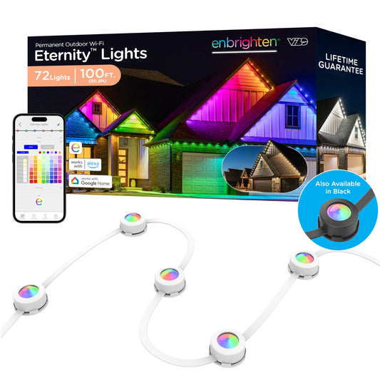 Enbrighten Vibe Eternity Permanent Outdoor Lights for House, 100 Feet, 72 RGBWIC LEDs, Close Spacing, 33lm, Color Changing, Christmas, Eave Lighting, Smart App, Works with Alexa, Google Home, 81103