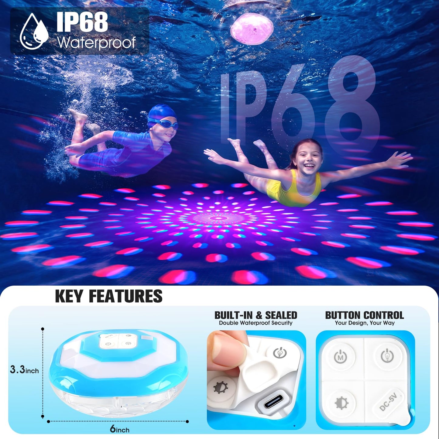 LightHacker Floating Pool Lights,Upgraded Pool Lights That Float,6000mAh Rechargeable Color Changing Pool Lights,IP68 Waterproof LED Lighting for Inground Above Ground Swimming Pools,Hot Tub,Party 1PC