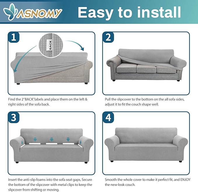 Asnomy Couch Covers for 3 Cushion Couch Stretch Sofa Covers Slipcovers, Pet Protector Furniture Covers for Dogs Cats Spandex Jacquard Fabric Small Checks（X-Large，Silver）