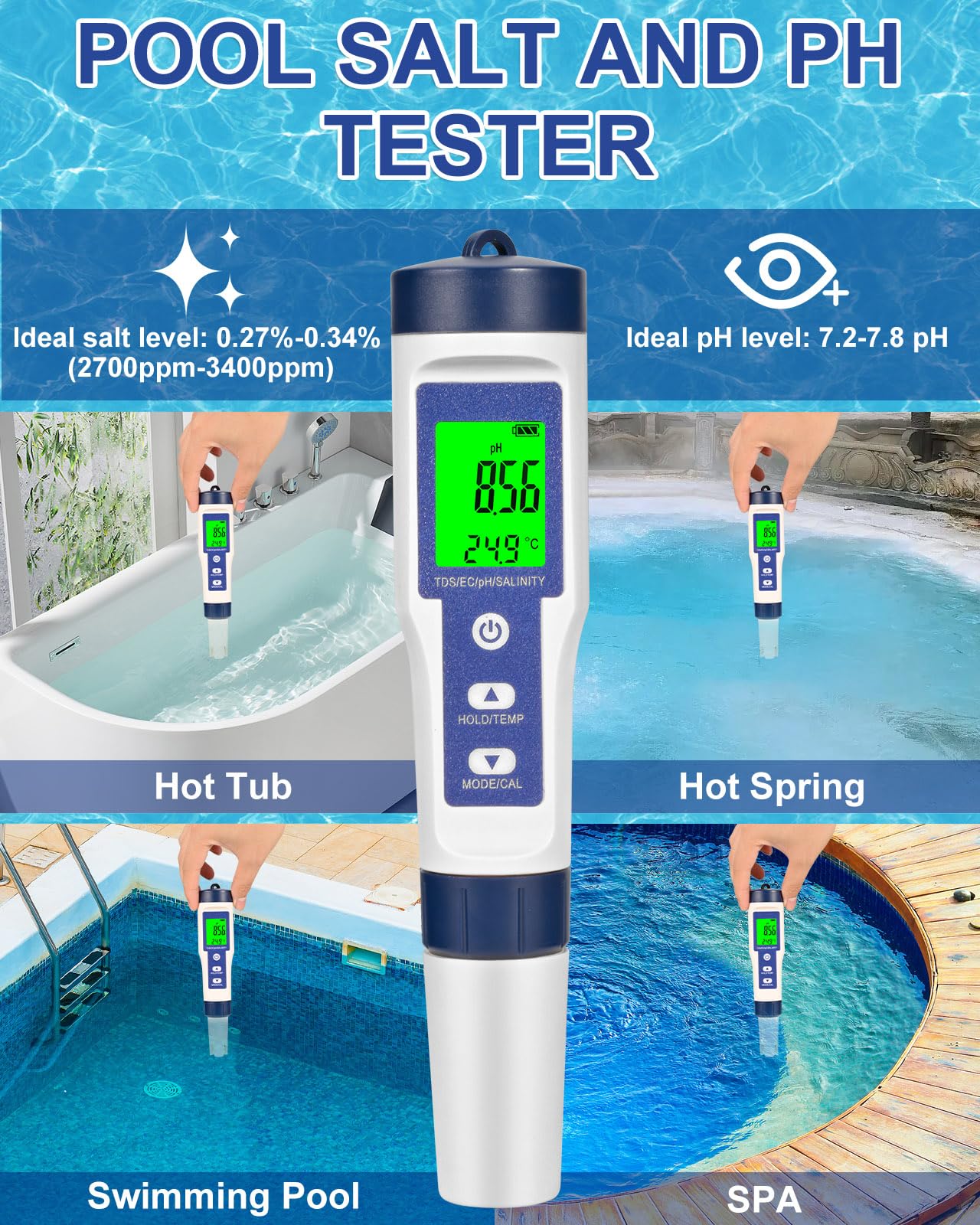 Pool Salt Tester, Digital Salt Water Pool Tester & Ph Tester, Salt Tester for Saltwater Pool, Digital Salinity Tester for Water, 5 In 1 Salinity Ph Temp EC and Tds Meter for Pool, Saltwater Aquarium