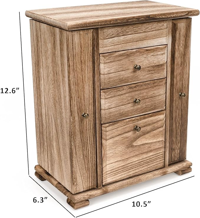 Emfogo Jewelry Box for Women, Rustic Wooden Jewelry Boxes & Organizers with Mirror, 4 Layer Jewelry Organizer Box Display for Rings Earrings Necklaces Bracelets (Rustic Brown)