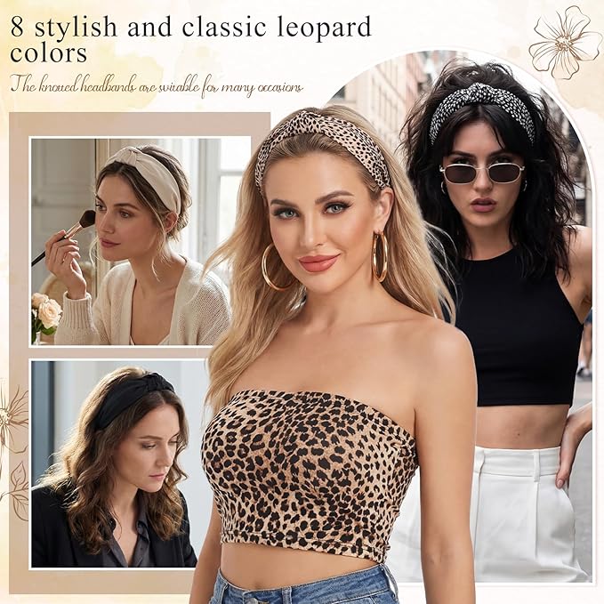 obeoby 8Pcs Fashion Leopard Headbands, Mother's Day Gift for Grandmother Knotted Headbands for Hold Hair