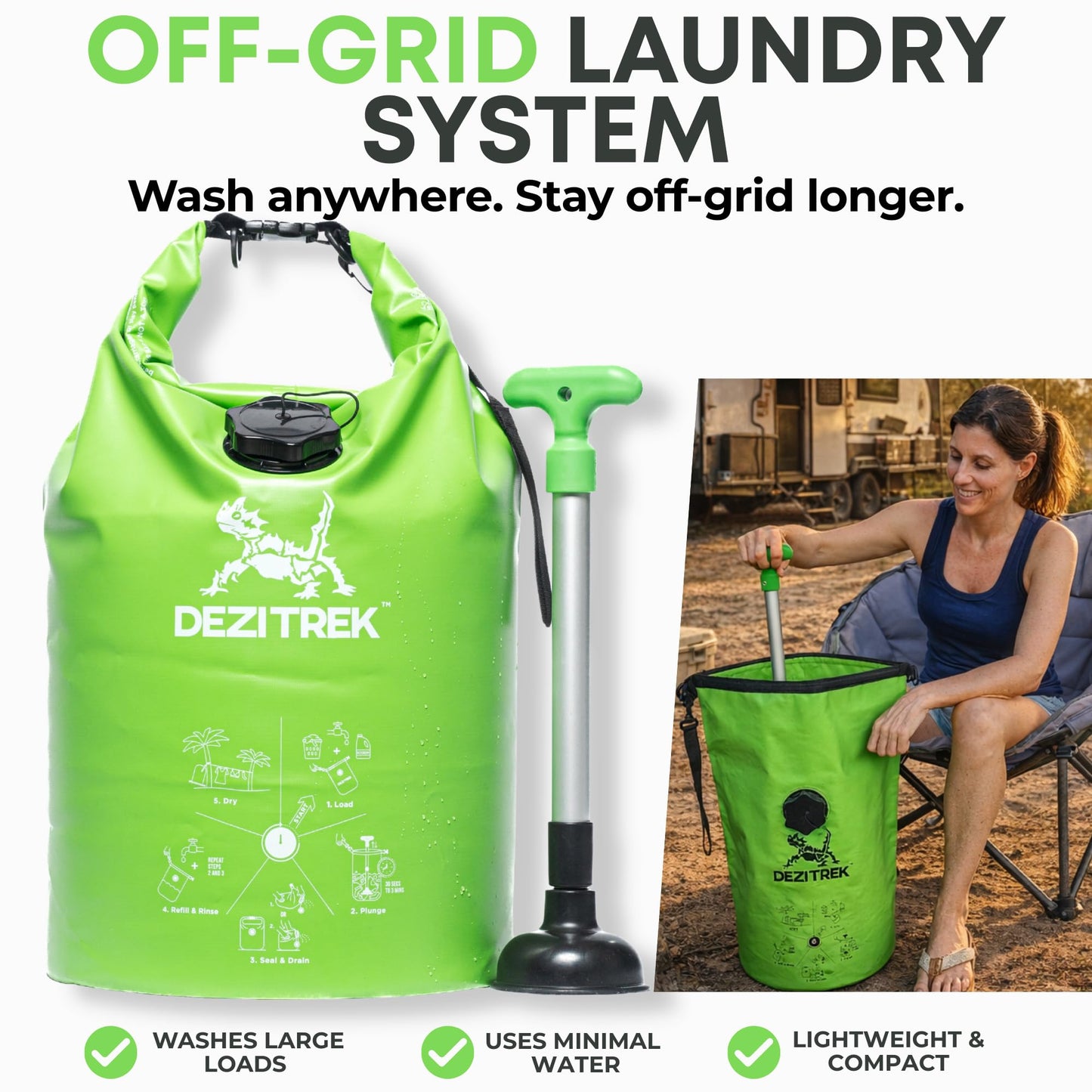 Dezitrek LARGE Portable Washing Machine – Off-Grid Laundry System, High Capacity Manual Clothes Washer with Plunger, No Power Needed, for Camping, RV, Travel
