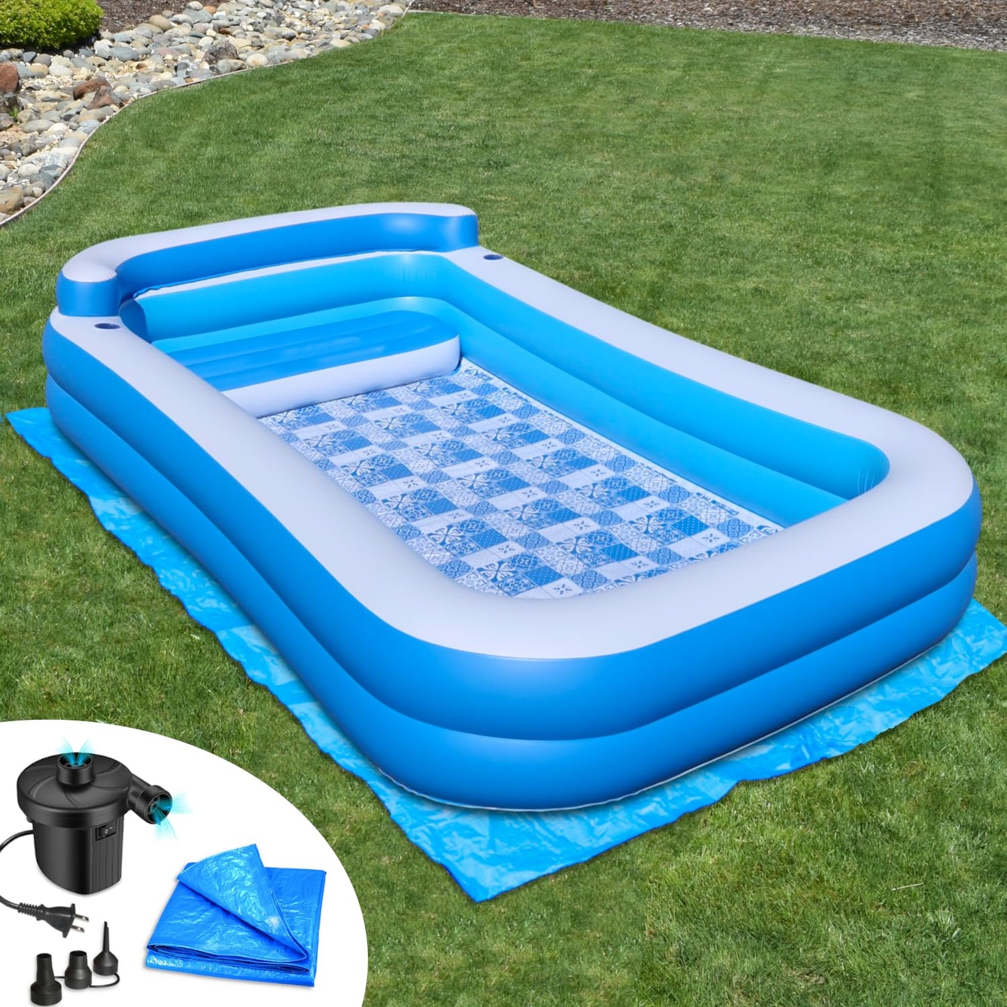 Inflatable Pool w/Bench Seat, 10ft x 6ft, Electric Pump & Ground Tarp Included - Fast Setup and Reinforced Seams