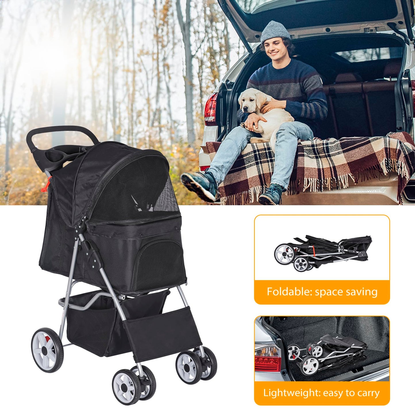 Epetlover Pet Stroller for Dogs, Black 4 Wheels Cat Strolling Cart Foldable Travel Carrier, Waterproof Puppy Jogger Stroller with Storage Basket & Cup Holder