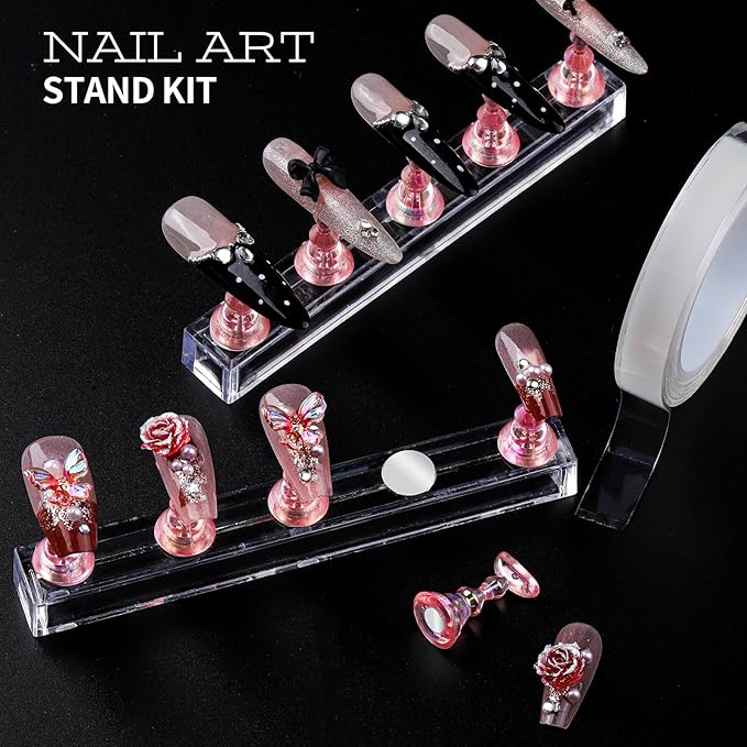 Teenitor Nail Charms and Nail Art Tools Set, Nail Art Kit with 5 Boxes of 3D Nail Charms and Gems Rhinestones, 15 Pcs Nail Art Brushes, 5 Pcs Nail Dotting Tools, 2 Set of Nail Stand