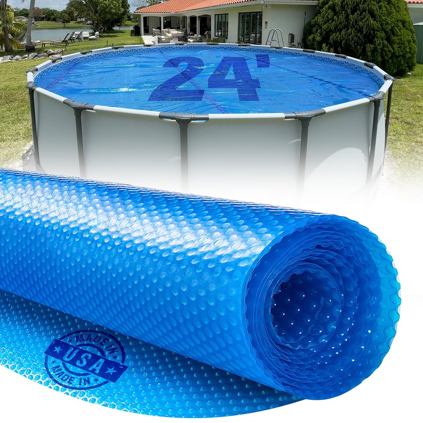 24 Foot Round Solar Cover for Inground and Above Ground Pools, 12 Mil - Premium Heavy Duty Solar Blanket for Above Ground Pool, Blue - Made in USA