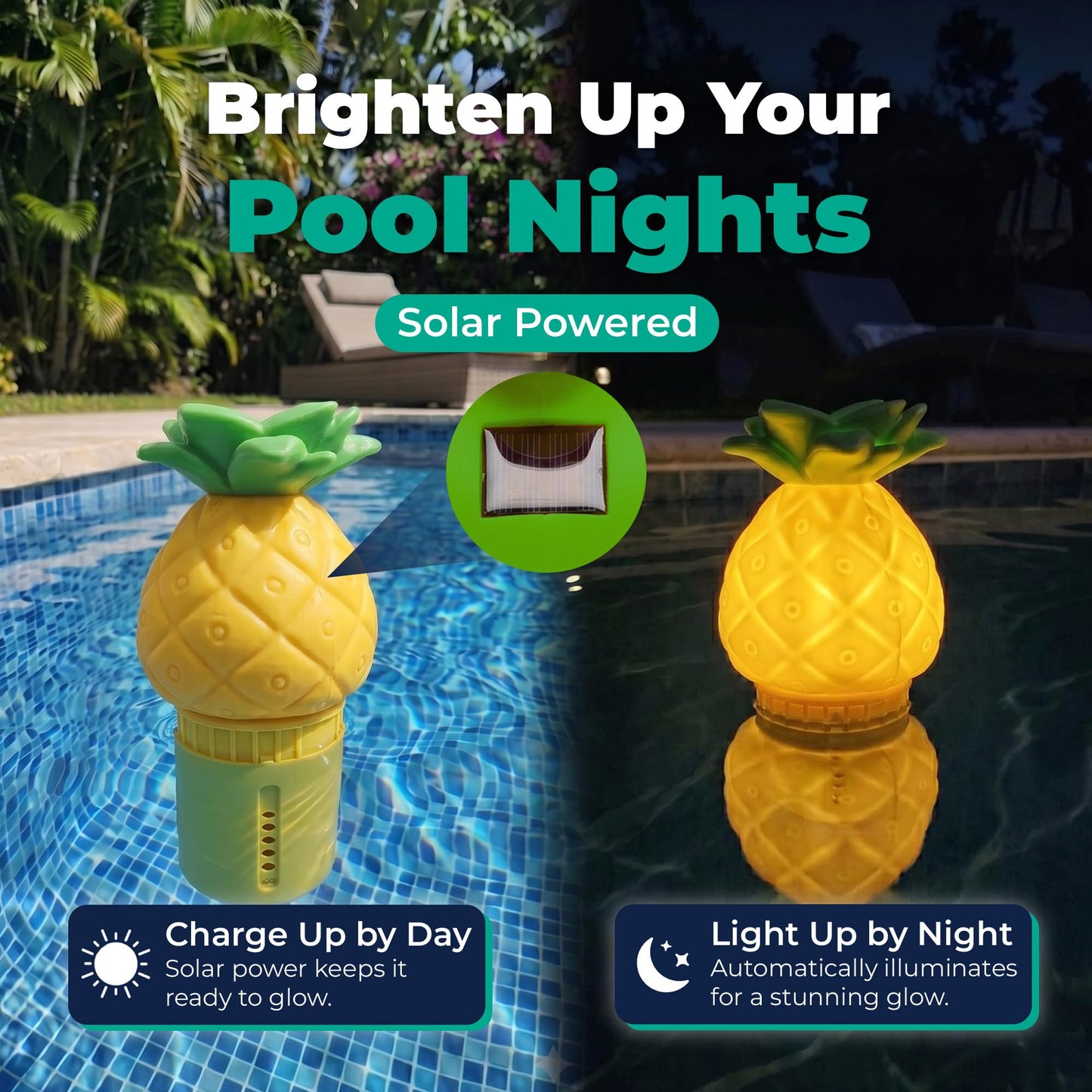 Game Solar Light-Up Floating Pool Chlorine Dispenser – Pineapple Design, Adjustable Control Ring, Holds Up to 3 x 3” Chlorine Tablets, for Above-Ground & In-Ground Pools