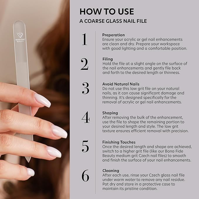 Bona Fide Beauty Czech Glass Nail File for Acrylic Nails, Crystal Glass Nail File with Case. Coarse Fingernail Filer (Gray)