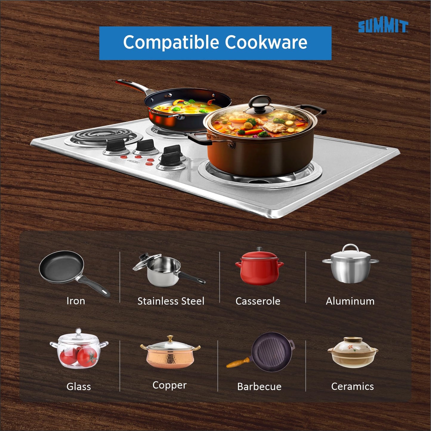 Summit 30" 4 Burner Electric Cooktop, 230 Volt Coil Electric Cooktop, ADA compliant, Stainless Steel- CR430SS