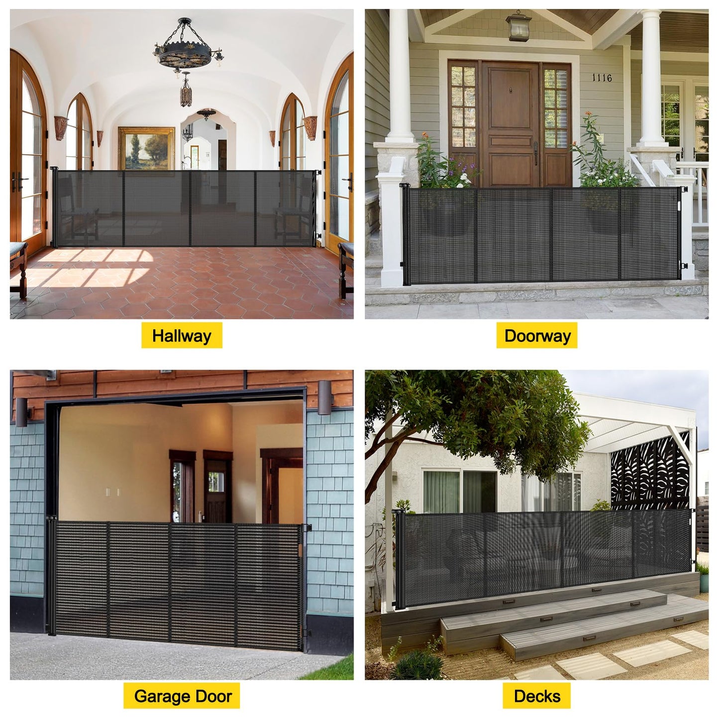 Reinforced 42” Extra Tall x 80” Wide Retractable Baby Gates with Rods to Prevent Crawling Through, Extra Tall Pet Gate for Large Openings Indoor Long Mesh Dog Gate for Stairs and Doorways, Black