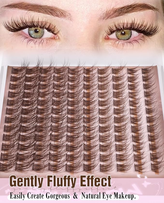 Cluster Lashes Brown Eyelash Clusters Natural Individual Lashes Extensions Fluffy Lash Clusters Wispy Cluster Eyelash Extensions DIY Lash at Home Easy to Apply Dark Brown Lashes (10-16MM, CC-Curly)