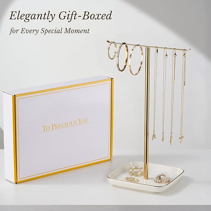 Jewelry Holder Stand with Ceramic Base: 12" Tall Necklace Organizer Rack, Tree Design Display Storage for Necklaces, Bracelets, Rings, Earrings, Aesthetic Room Décor for Girls and Women, Gold