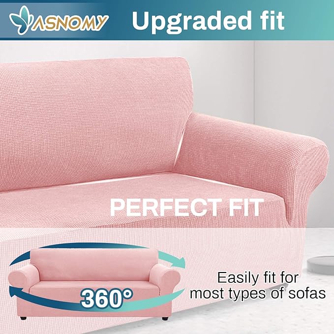 Asnomy Couch Covers for 3 Cushion Couch Stretch Sofa Covers Slipcovers, Pet Protector Furniture Covers for Dogs Cats Spandex Jacquard Fabric Small Checks （Large，Pink）
