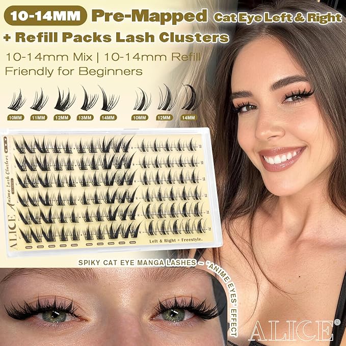 ALICE Lash Clusters with Spikes Anime Eyelash Clusters Natural Manga Eyelash Extensions 10-14mm Lash Extensions Thin Band DIY Left & Right Individual Lashes Cat Eye