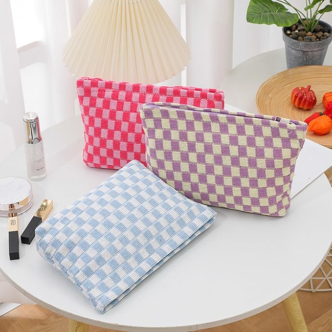 Cosmetic Bags for Women - Corduroy Cosmetic Bag Aesthetic Women Handbags Purses Smile Dots Makeup Organizer Storage Makeup Bag Girls Case Bags (Q-Checkered orange)