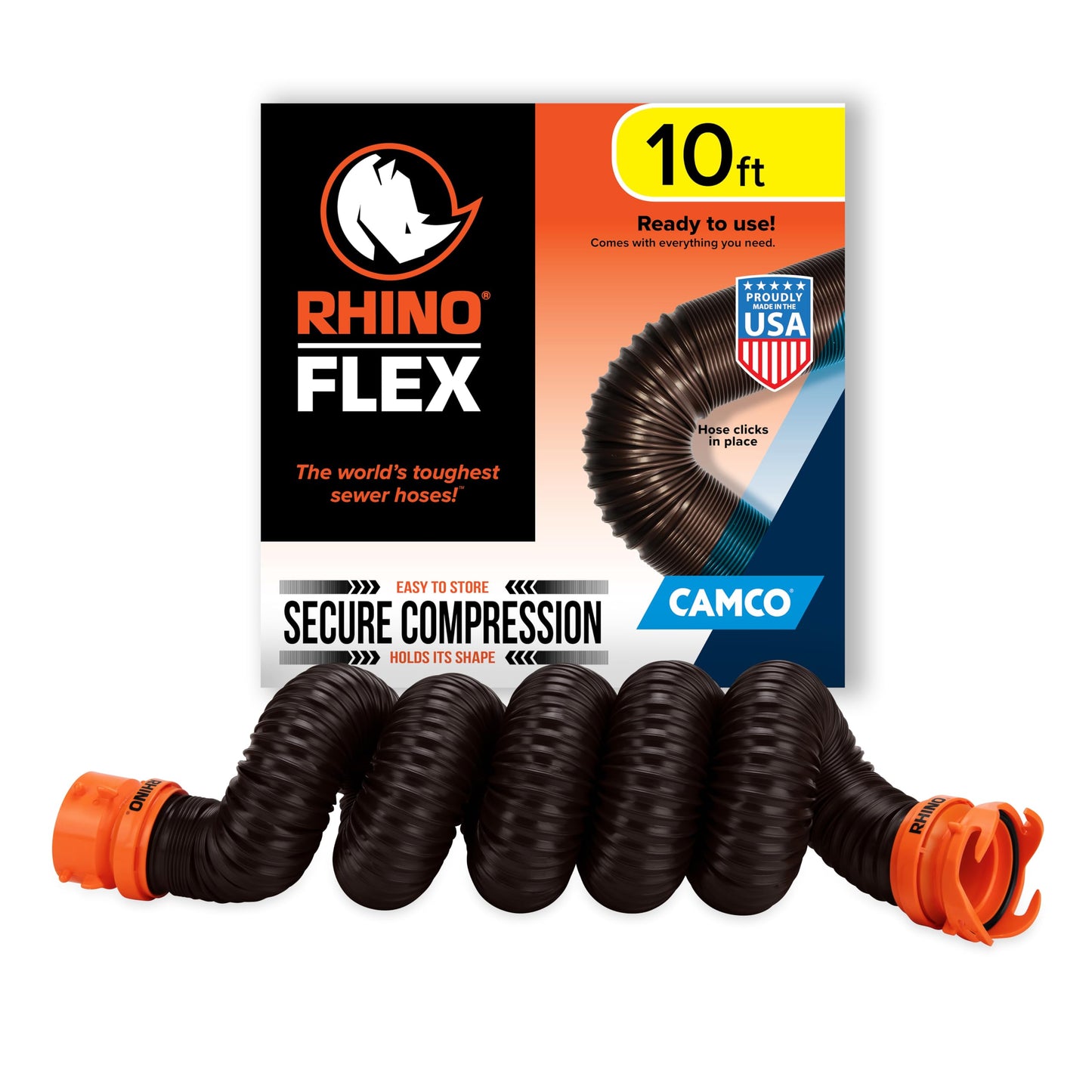 Camco RhinoFLEX 10’ Camper/RV Sewer Hose Extension - Features Collapsible Design for RV Storage - Includes Pre-Attached Lug & Bayonet Fitting -Heavy Duty Polyolefin & Reinforced w/Steel Wire (39774)