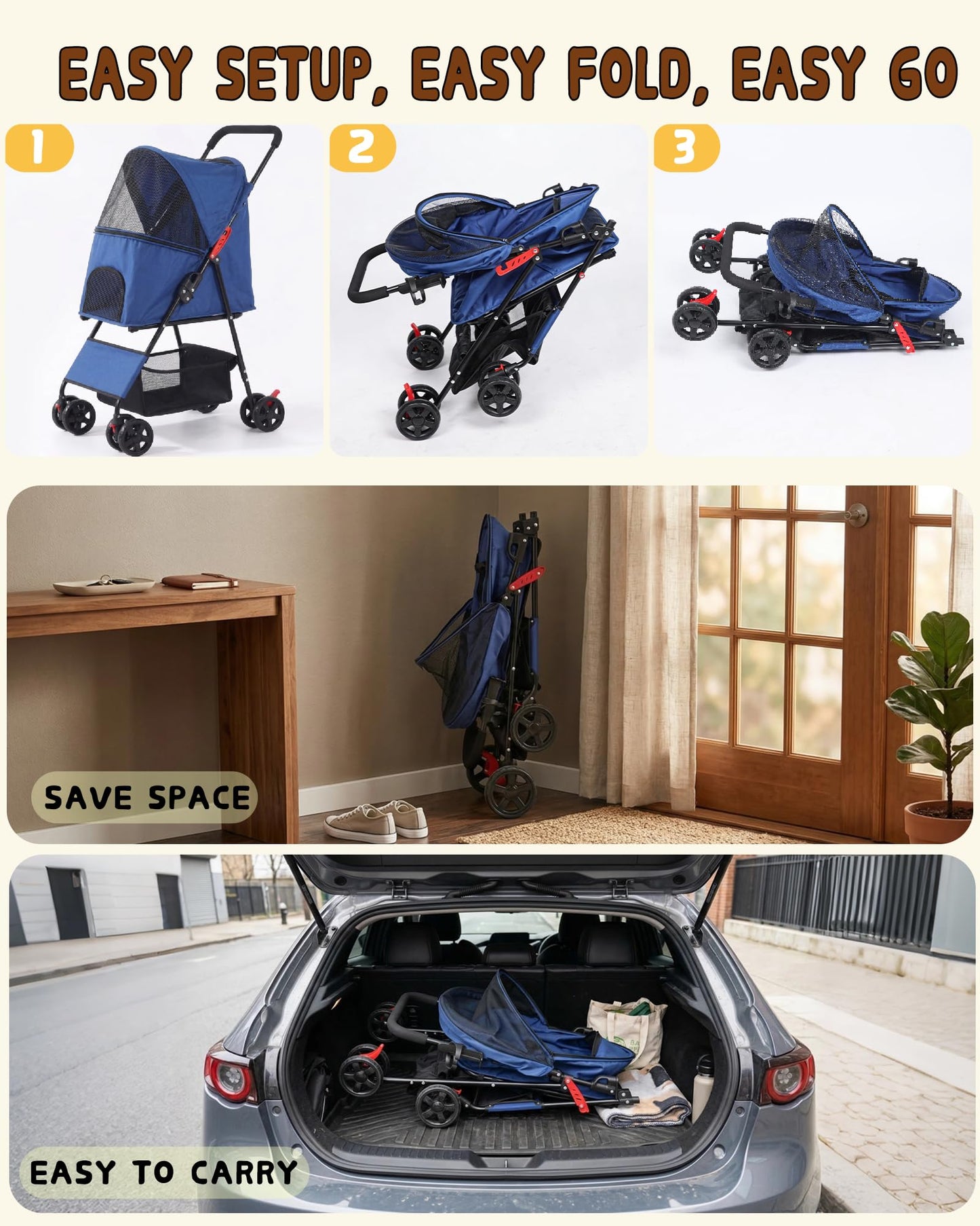 Pet Stroller for Small Medium Dogs Cats - Lightweight 10lbs Foldable Dog Stroller, Breathable Mesh & Safety Tether, 33lbs Capacity with Locking Wheels, Storage Basket for Outdoor Walks-Blue