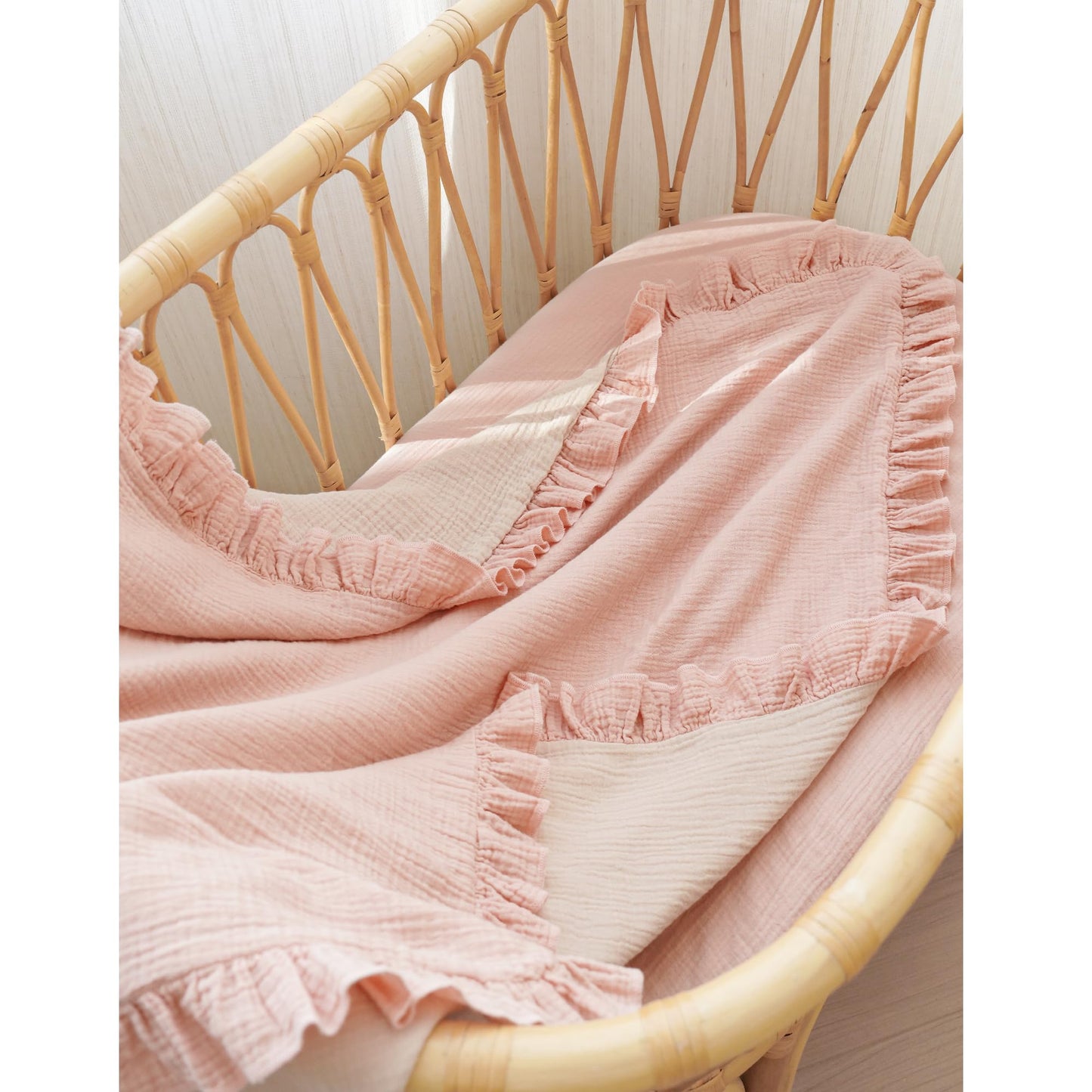 Konssy Flounce Muslin Baby Blanket for Girls Boys, 100% Cotton Soft Crib Swaddle Blankets, Reversible & Breathable Nursery Bedding for Newborns Toddlers, 40 x 36 Inches (Pink)