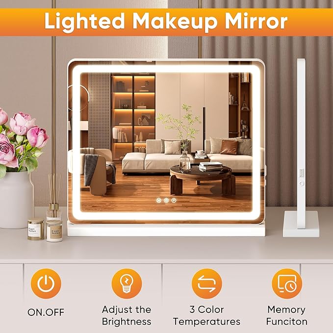 DUMOS 19"x22" LED Vanity Mirror with Lights, Dimmable 3 Color Modes Makeup Mirror with Memory Function, USB Charging, Aluminum Frame, Lighted Mirror for Desk or Bedroom