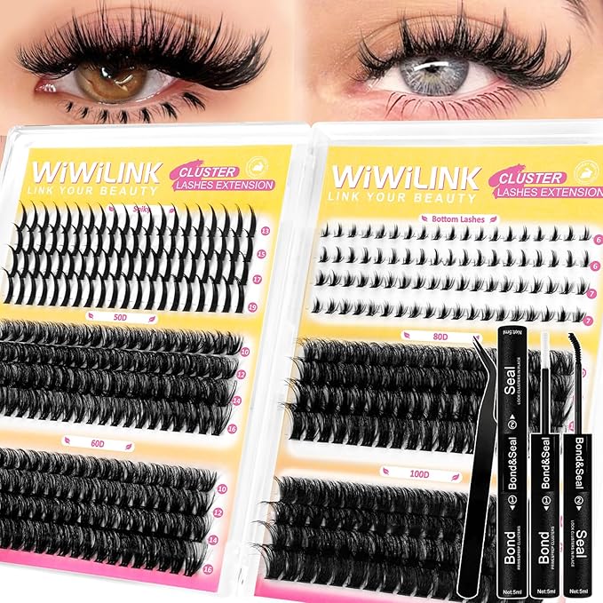 Fluffy Lash Clusters Kit Wispy 452Pcs Eyelash Clusters with Spikes 50D 60D 80D 100D Manga Cluster Eyelash Extensions Kit Volume Lash Extension 10-16mm False Eyelashes Kit