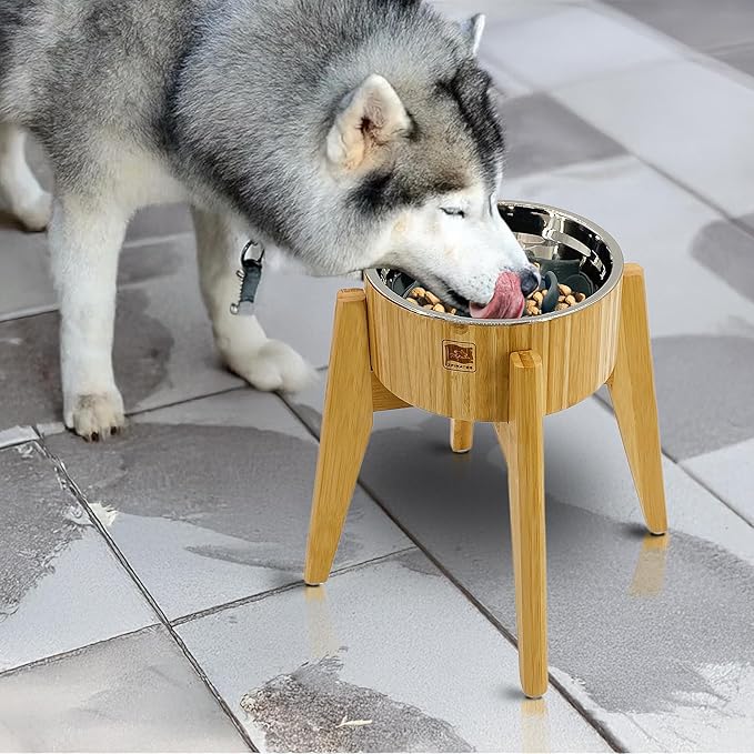 Elevated Dog Bowl with Slow Feeder Insert - (12-inch High) Ideal for Large Dogs - Suitable for Wet or Dry Dog Foods, Stainless Steel and Bamboo