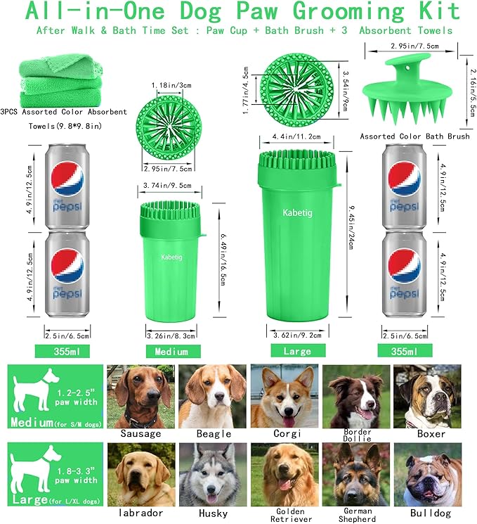 Dog Paw Cleaner Kit for Medium & Small Dogs - Quick Clean No Full Bath, 2-in-1 Paw Wash Cup with Detachable Silicone Brush Head, Includes Bath Brush & 3 Absorbent Towels, Green
