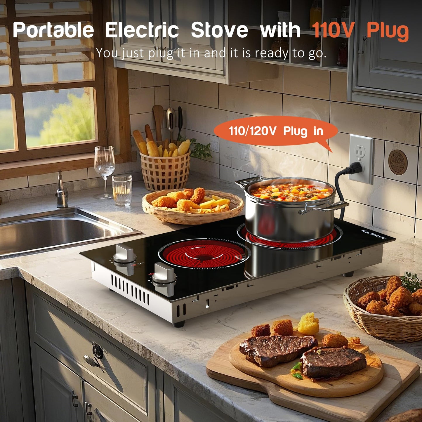 Karienvir 2 Burner Electric Cooktop, 12 Inch Countertop & Built-in Electrical Stovetop, 110V Electric Stove with Plug, Knob Control, 9 Power Level, 2000W(1400W+600W)