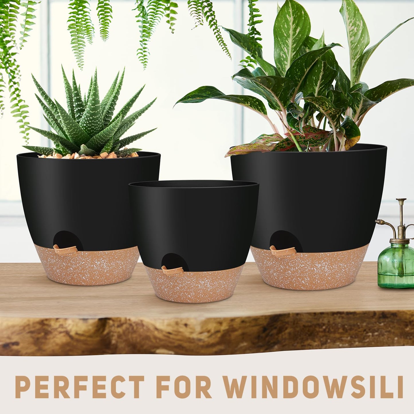 YNNICO 12" 10" 9" Large Self Watering Plant Pots, 3 Pack Flower Pots Planters with Multi Mesh Drainage Holes for Indoor Outdoor Garden Plants and Flowers (Black)