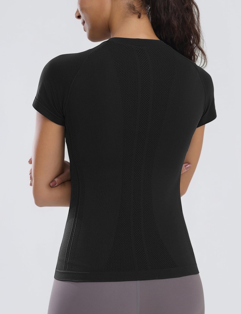 Nyvalle Workout Tops for Women Hip Length Athletic Running Gym Yoga Short Sleeve Shirts Seamless Breathable Crewneck Tees Black