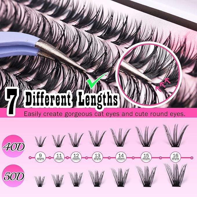 Cluster Lashes 280 pcs Lash Clusters D Volume Eyelashes Extensions 9-16 mm Mix 40D+50D Individual Lashes Thin Band Eyelashes Cluster for DIY Lash Extension Beginners (Lash Clusters)