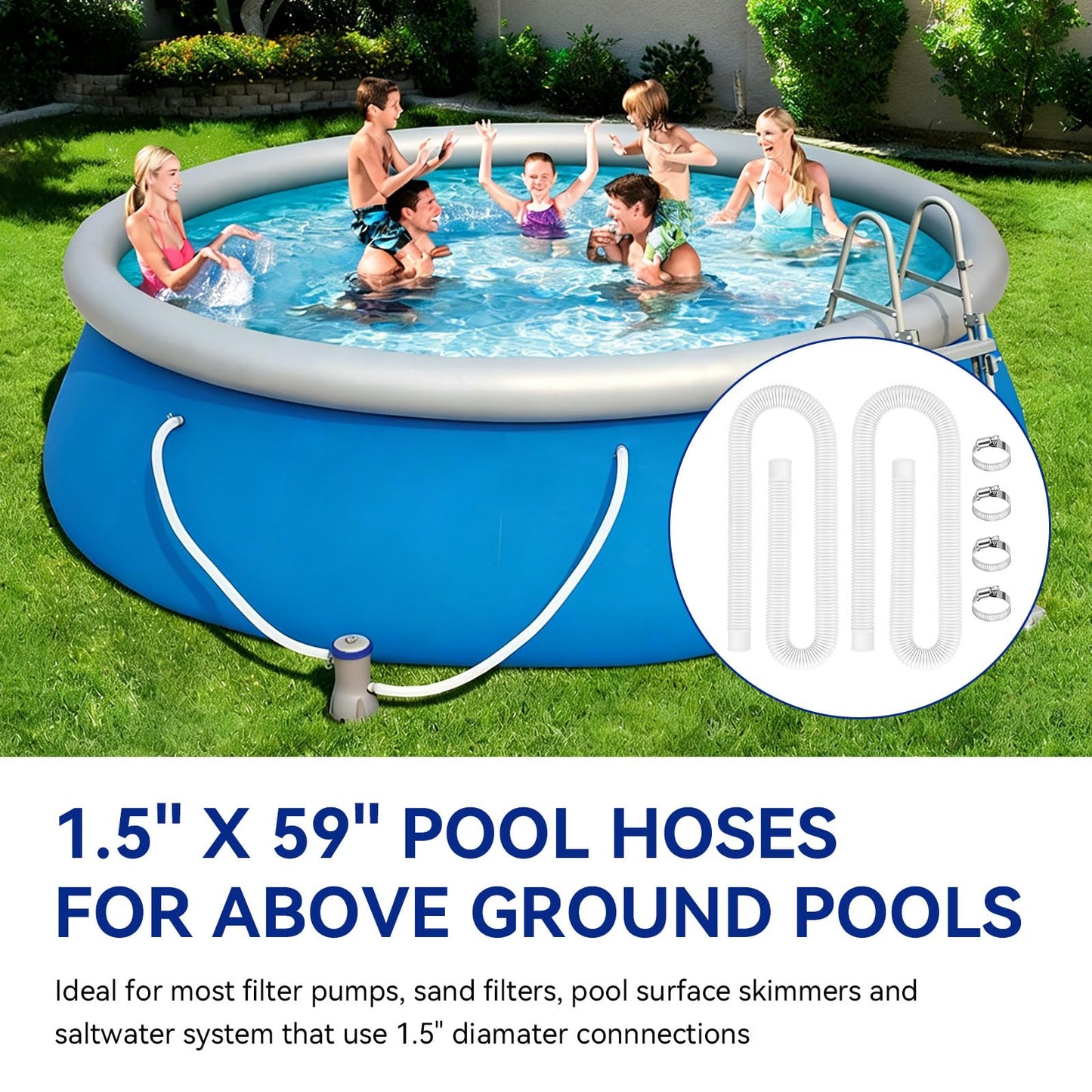 Pool Hoses for Above Ground Pools 1.5" Diameter x 59" Long, 2 Pack 1.5 Inch Above Ground Pool Hose Replacement Compatible with Intex Coleman Surface Skimmer, Filter Pump Hose, with 4 Metal Clamps