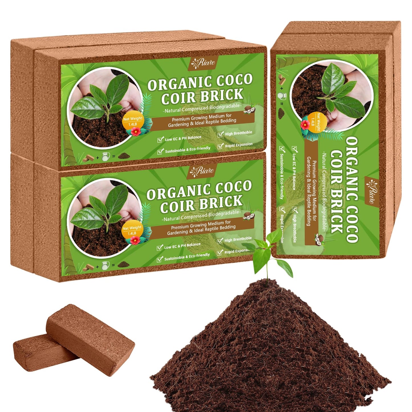 Riare 6pcs Organic Coco Coir Bricks Soil Blocks- 100% Natural Compressed Coco Peat Brick Coconut Fiber Substrate with Low EC& pH Balance, High Expansion Coco Coir Pith Coconut Husk for Garden