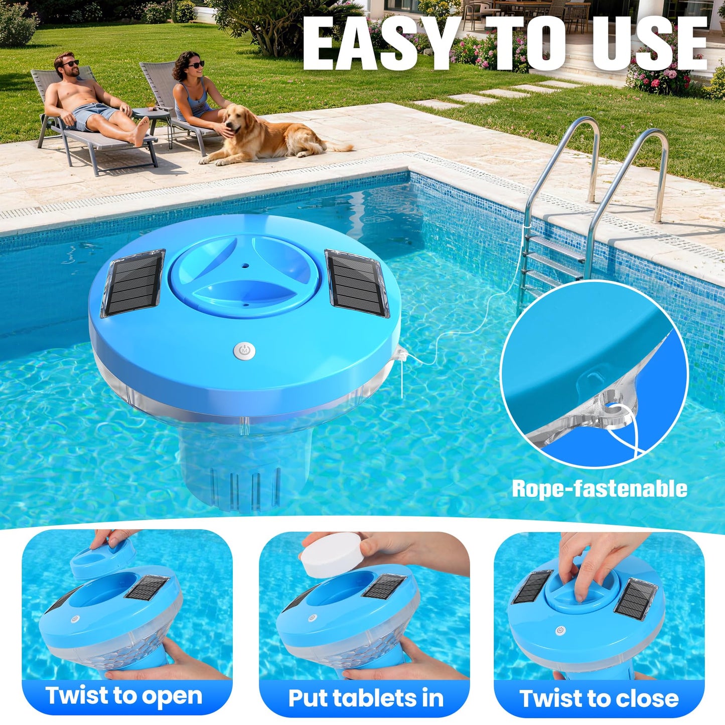 RovPool Chlorine Floater, Large Capacity Pool Chlorine Floaters for 5 * 3'' Chlorine Tabs, Solar Chlorine Floater with Lights, Adjustable Flow Floating Chlorine Dispenser for Pool, Hot Tub, Blue