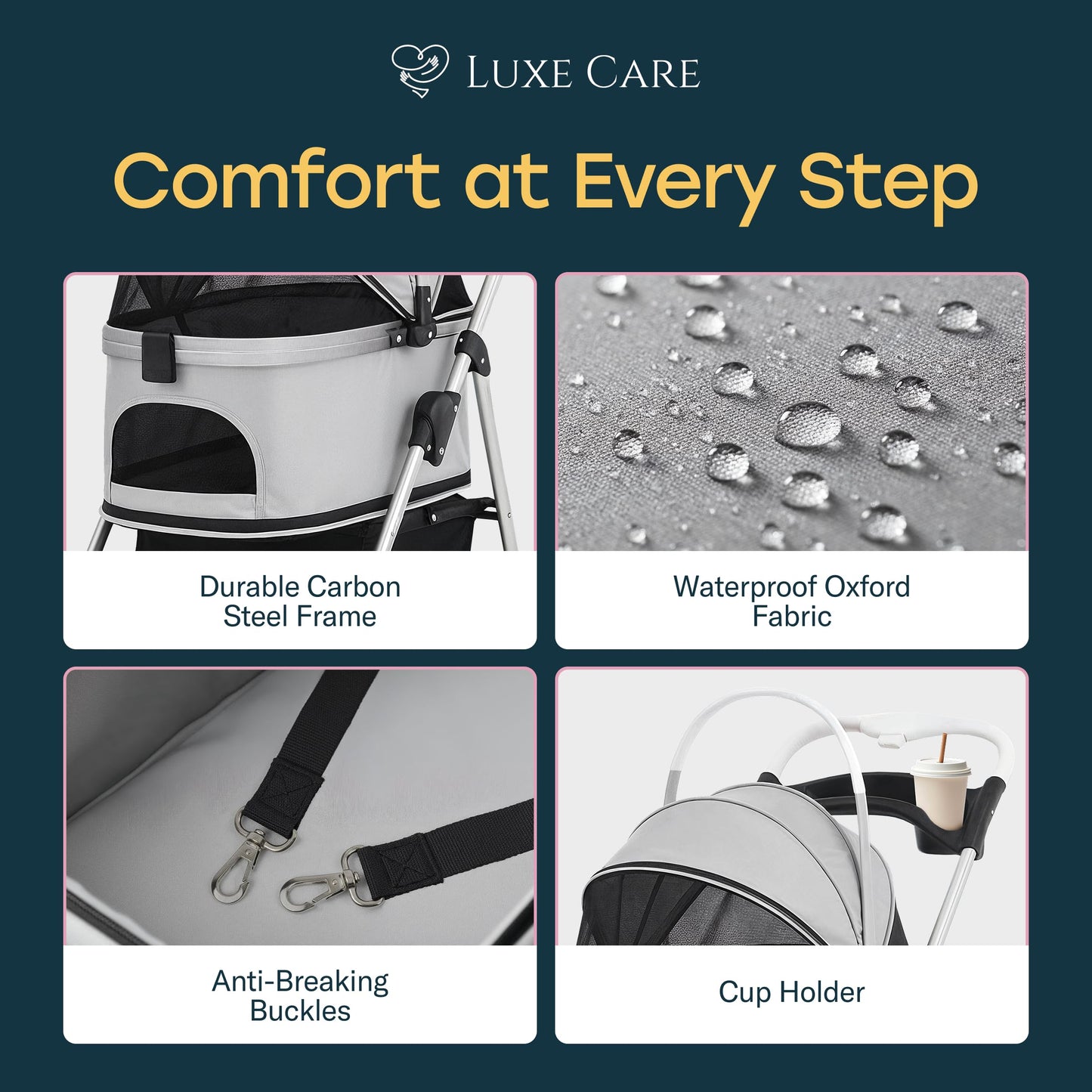LUXE CARES 4 Wheel Foldable Pet Stroller - Lightweight Dogs and Cats Stroller Upto 50lbs with Mesh Canopy, Storage Basket and Cup Holder, Durable for Walks and Outings (Medium)