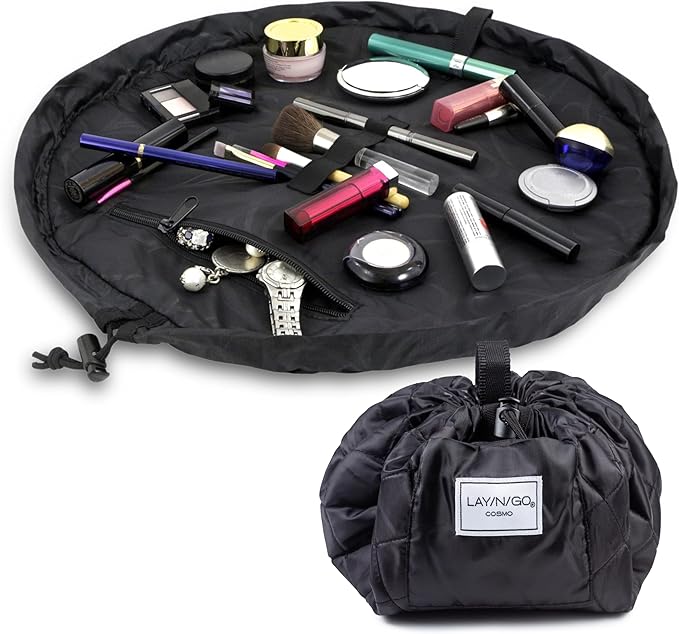 Lay-n-Go Cosmo Layflat Drawstring Cosmetic & Makeup Bag Organizer - Portable Drawstring Bag w/Zipper Pocket, Makeup Loops & More - Durable, Machine Washable Toiletry Bag for Travel (20", Black)