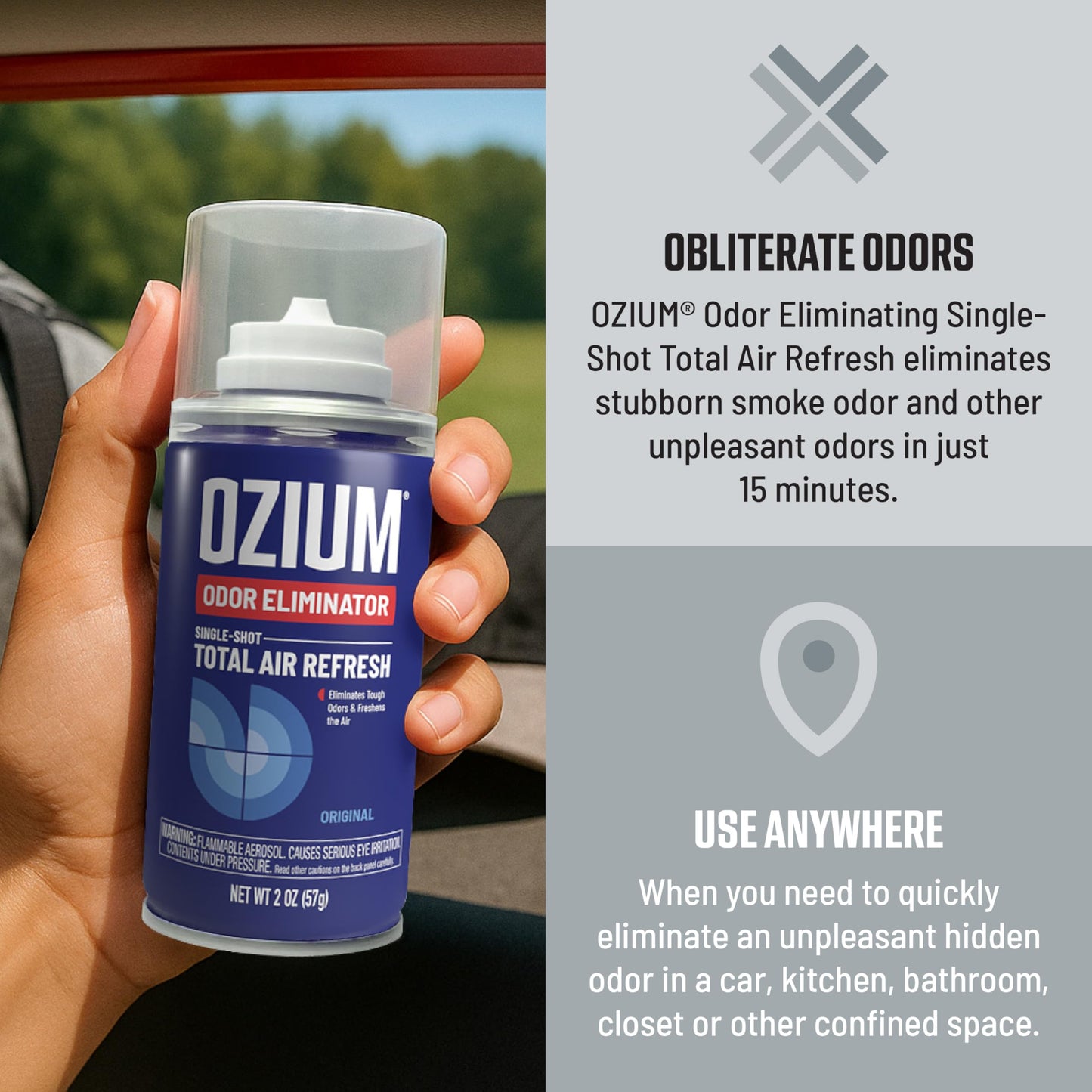 Ozium Air Sanitizer, 2 oz Car Fogger: Single-Shot Smoke Odor Eliminator & Car Air Freshener (New Car Smell, 4 Packs)