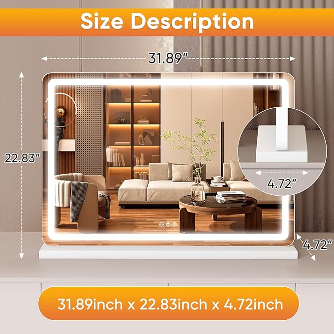 DUMOS 22"x32" LED Vanity Mirror with Lights, Dimmable 3 Color Modes Makeup Mirror with Memory Function, USB Charging, Aluminum Frame, Lighted Mirror for Desk or Bedroom
