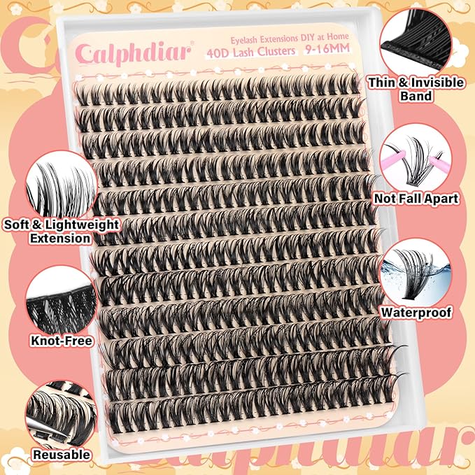 Calphdiar 40D Individual Lashes Natural Eyelash Clusters Wispy Lash Clusters 9-16mm Cluster Eyelash Extensions D-Curly Lashes Clusters 288pcs DIY Lash Extension for Beginners at Home