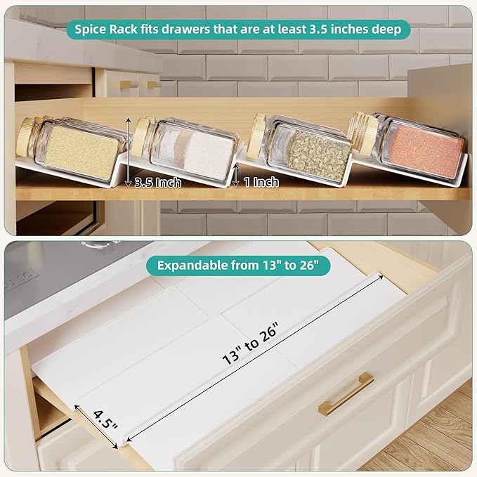 MIUKAA White Spice Drawer Organizer, 4 Tier - 8 Pack Seasoning Organizer for Drawer, Expandable From 13" to 26" Kitchen Drawer Spice Rack (Jars not Included)
