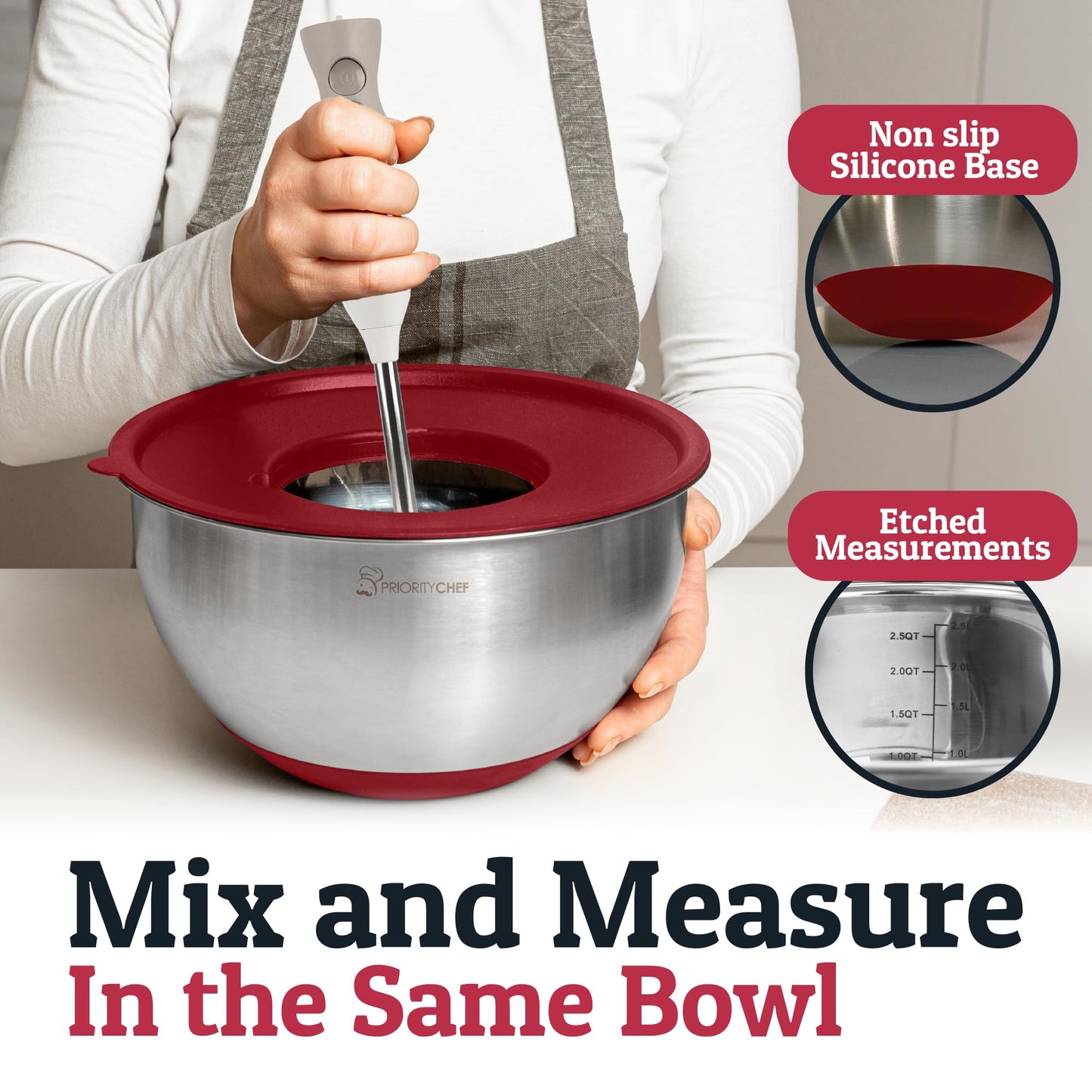 Priority Chef Stainless Steel Mixing Bowls with Lids Set, 3 Grater Attachments, Airtight Lids, Non-Slip Silicone Base Mixing Bowl Set, Large Prep Metal Mixing Bowls for Kitchen, Green