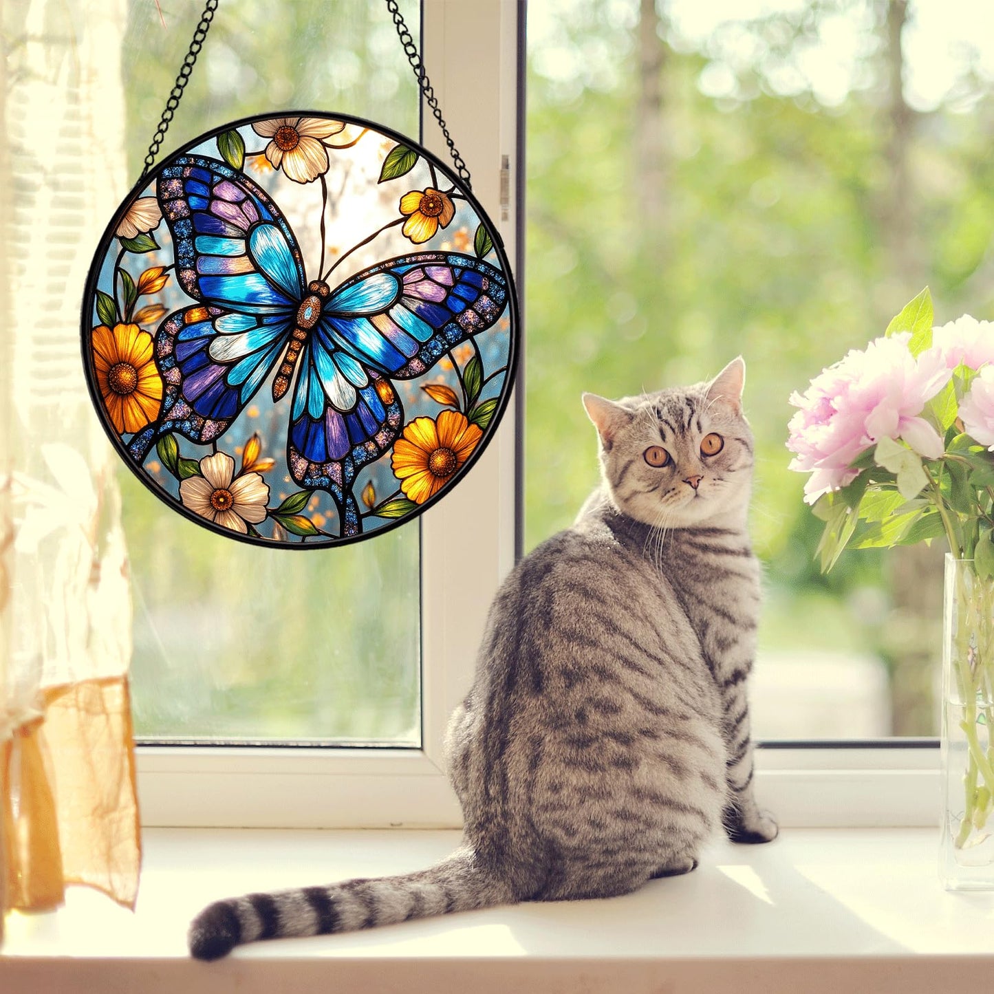 JAWNLITY Butterfly Stained Glass Suncather for Window Hanging, 6.3'' Blue Butterfly Ornament Gift for Women, Nature-Inspired Wall Art Home Decor Gifts for Mom, Grandma, Mother's Day (Blue, 6.3'')