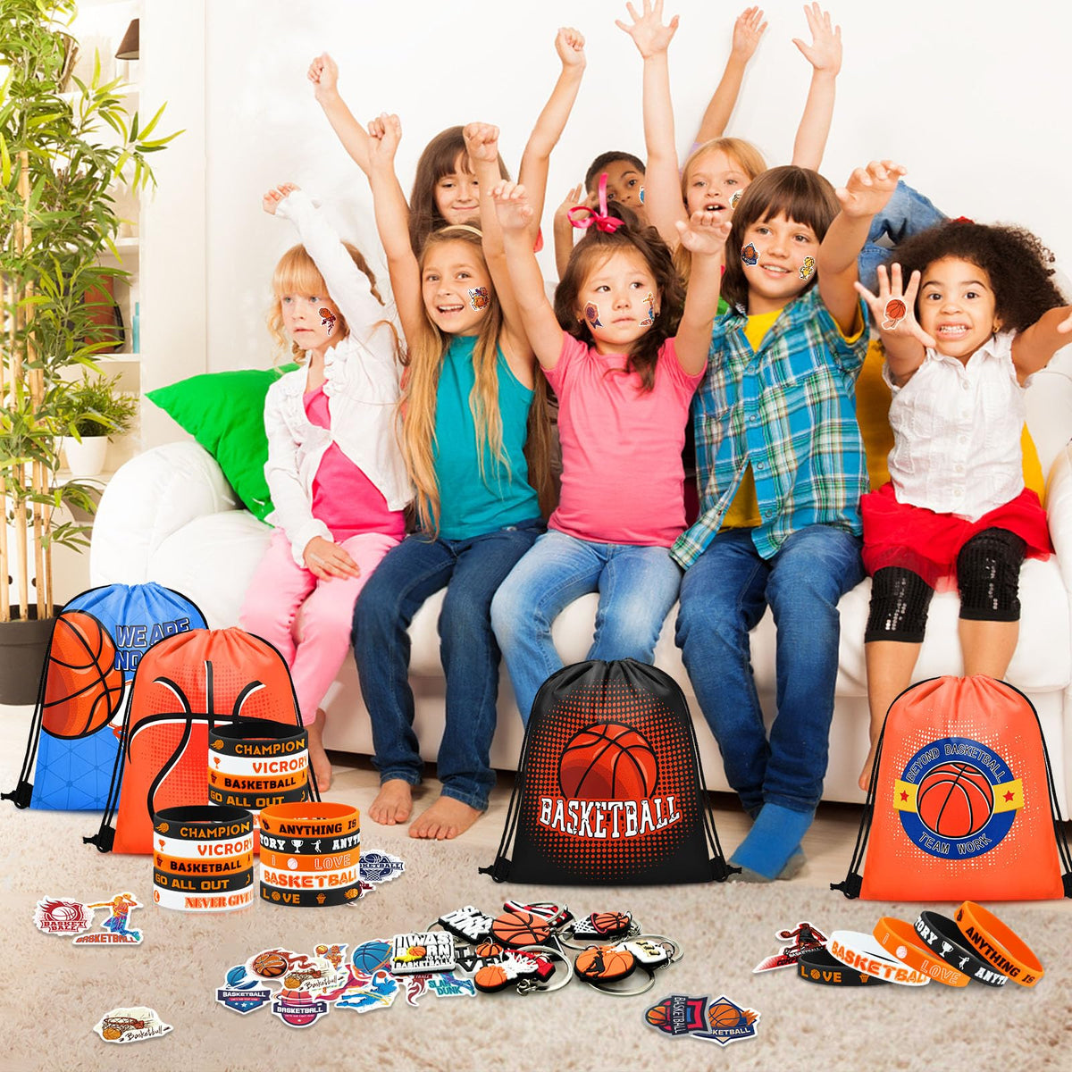 Grneric 110 Pcs Basketball Party Favors Drawstring Backpack with Keychains Silicone Bracelets Stickers for Sports Birthday Supplies Goodie Bags Basketball Themed Gifts