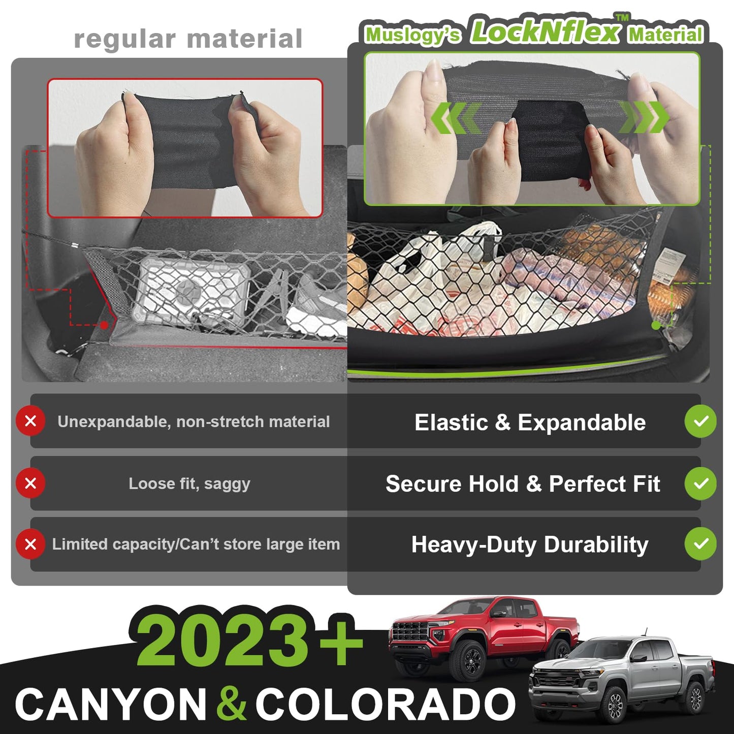 Muslogy Truck Bed Cargo Net Trunk Netting Compatible with Chevrolet Colorado & GMC Canyon 2026 2025 2024 2023 Accessories, Pickup Cargo Organizer SUV Sedan Storage Net w/Heavy Duty Carabiners